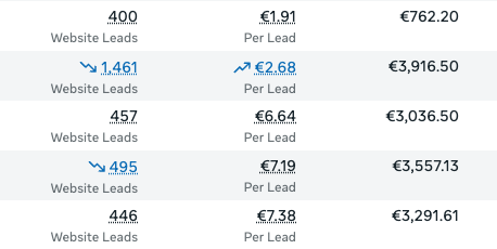Consistente leadstroom — 5 campagnes · gemiddeld €4,36 per lead